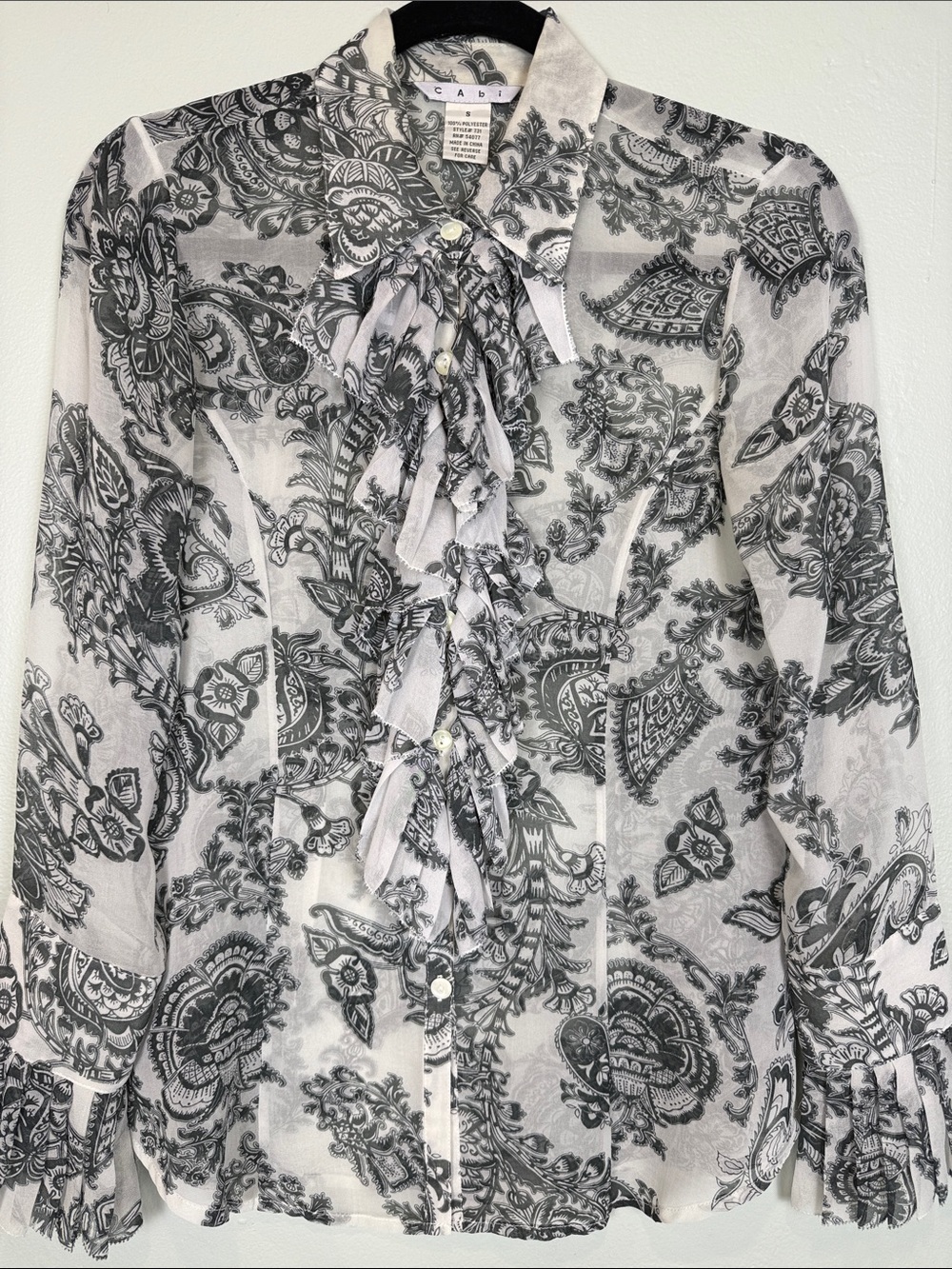 CAbi Catherine Ruffled Sheer Paisley Blouse Black White Size S Regencycore